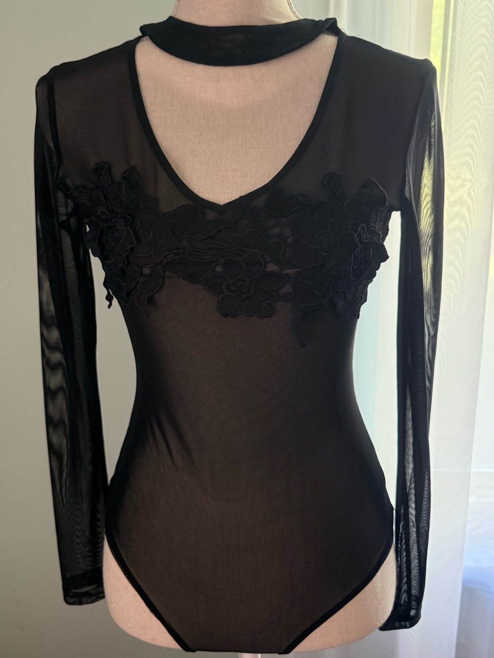 Black Sheer Mesh Floral Bodysuit with Choker / NWOT! / Size S